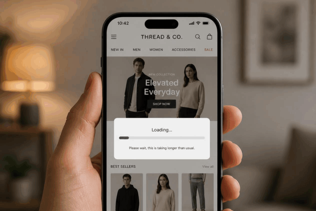 Shopify speed by industry illustrated by a fashion Shopify store loading slowly on a mobile device.