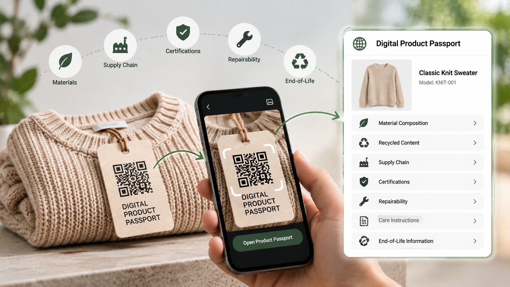 Digital Product Passport showing a QR code scanned on a product to access material composition, supply chain, certifications, repairability, care, and recycling data.