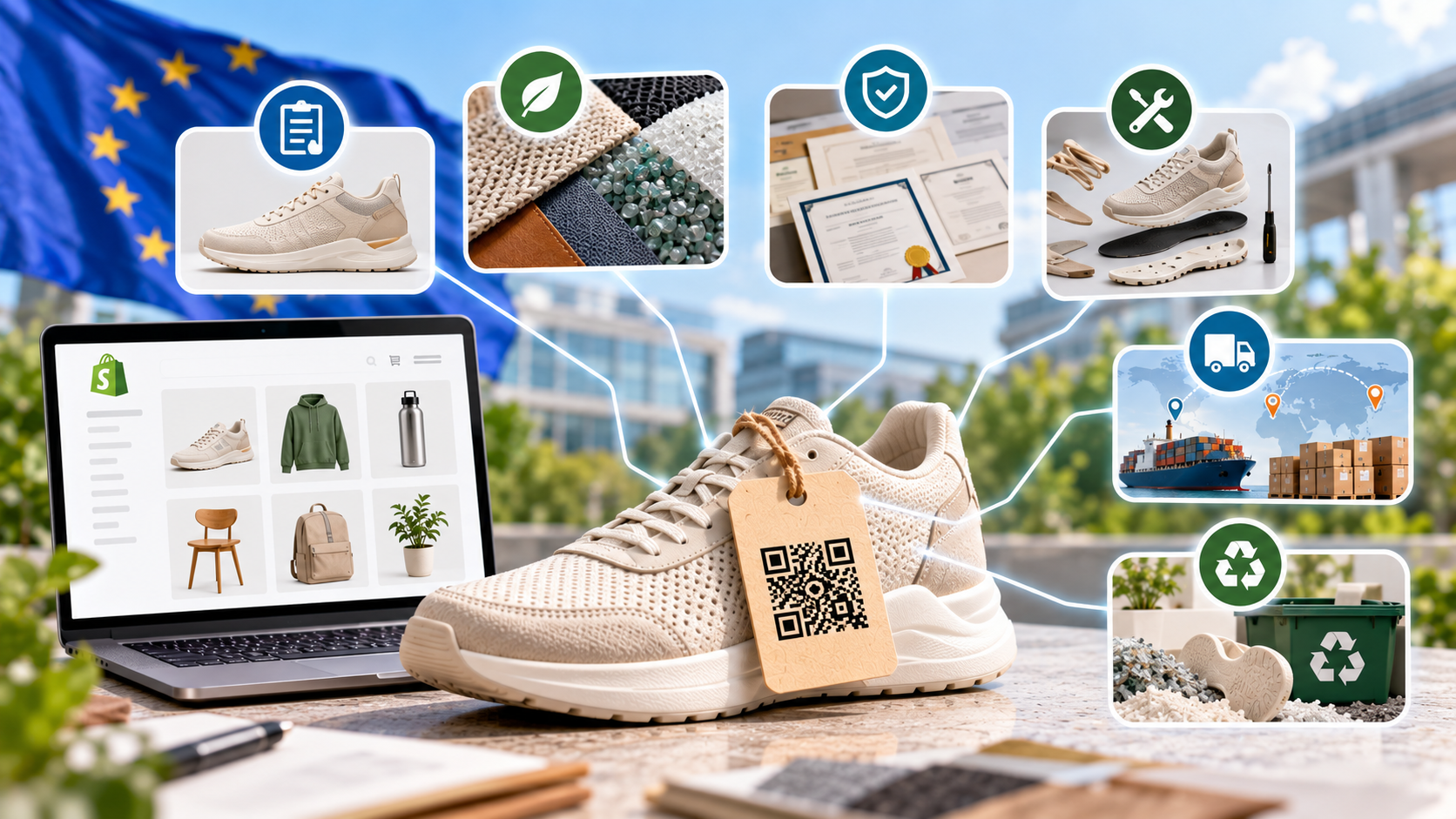 Digital Product Passport product data for Shopify showing materials, certifications, repairability, supply chain traceability, recycling, and QR code access.