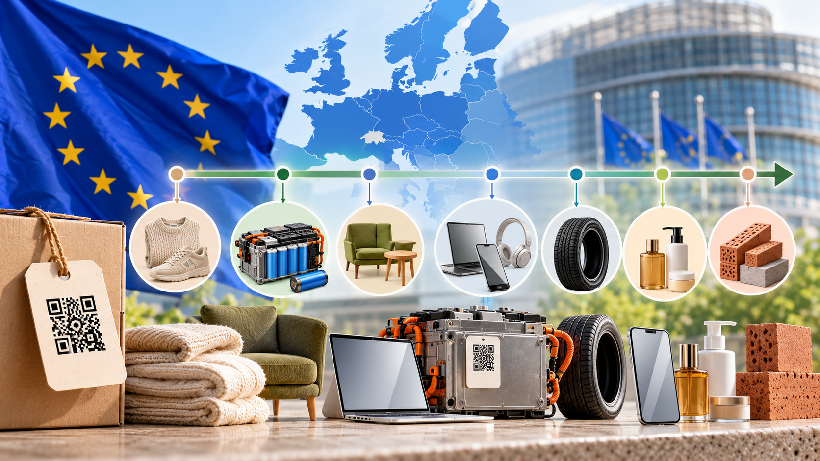 Digital Product Passport deadline timeline for Shopify merchants showing the February 18, 2027 battery passport requirement and phased EU rollout by product category.
