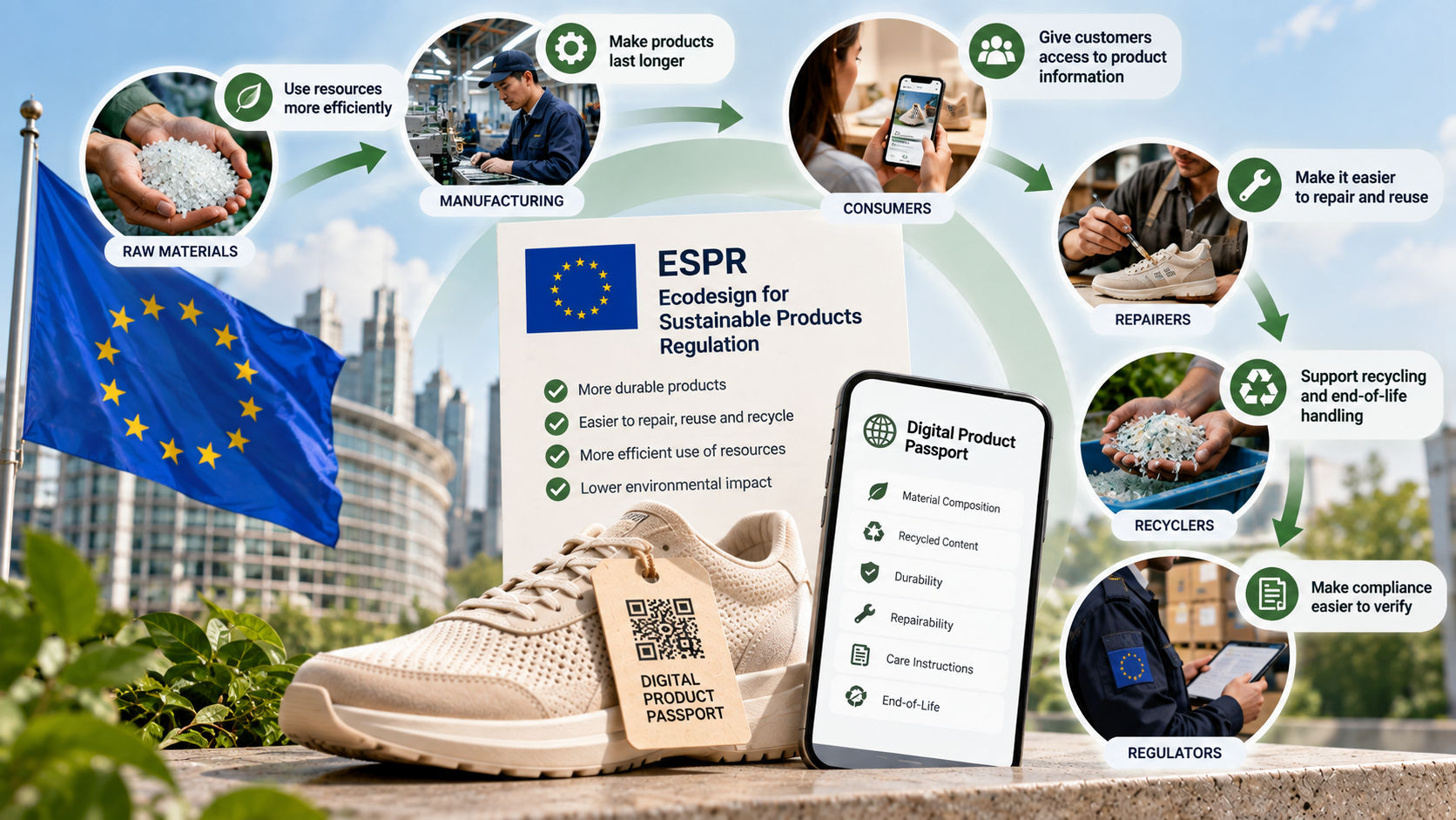 Digital Product Passport under the EU ESPR showing product data for durability, repairability, recycled content, traceability, recycling, and compliance.
